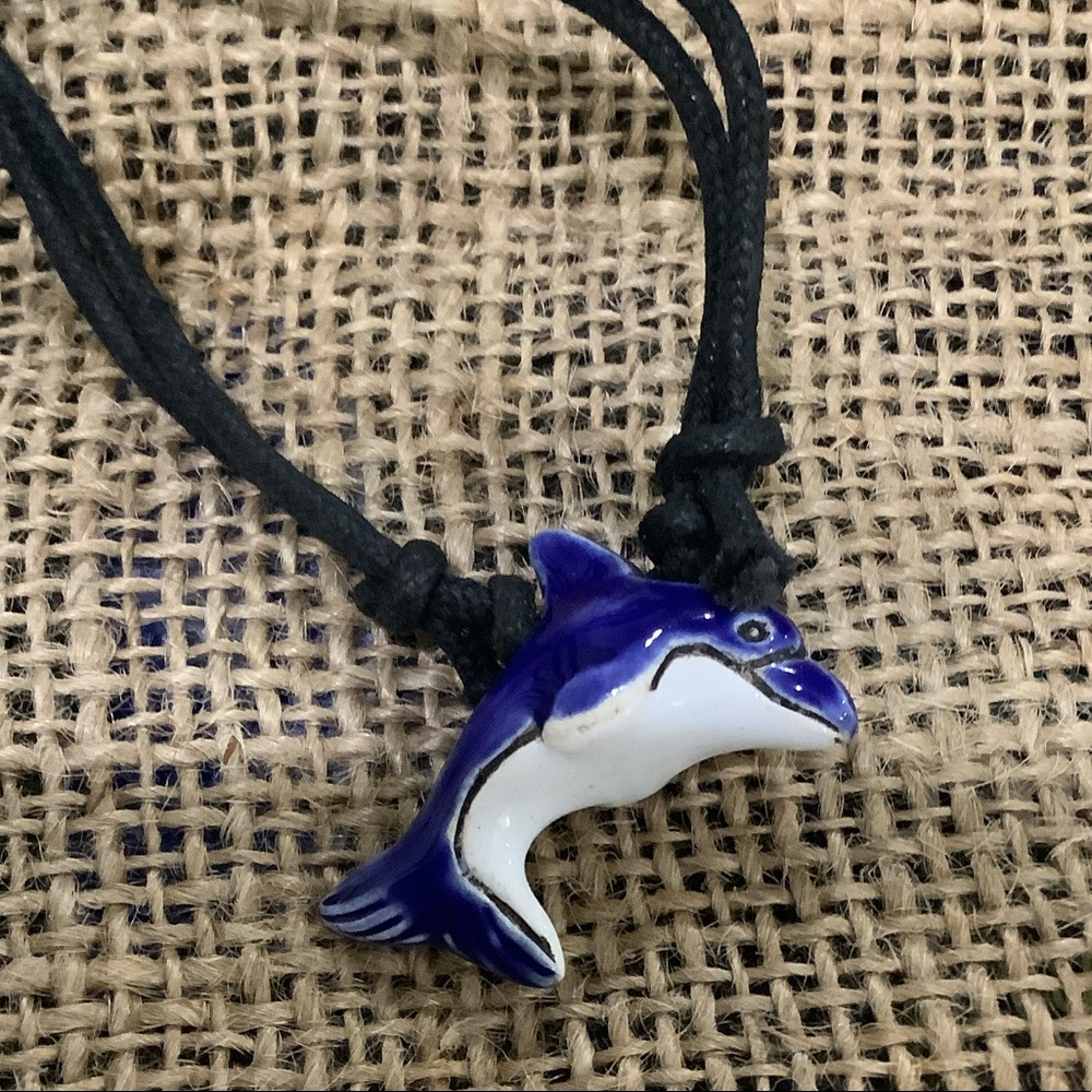 Handmade boho beach Surf Blue dolphin leather necklace